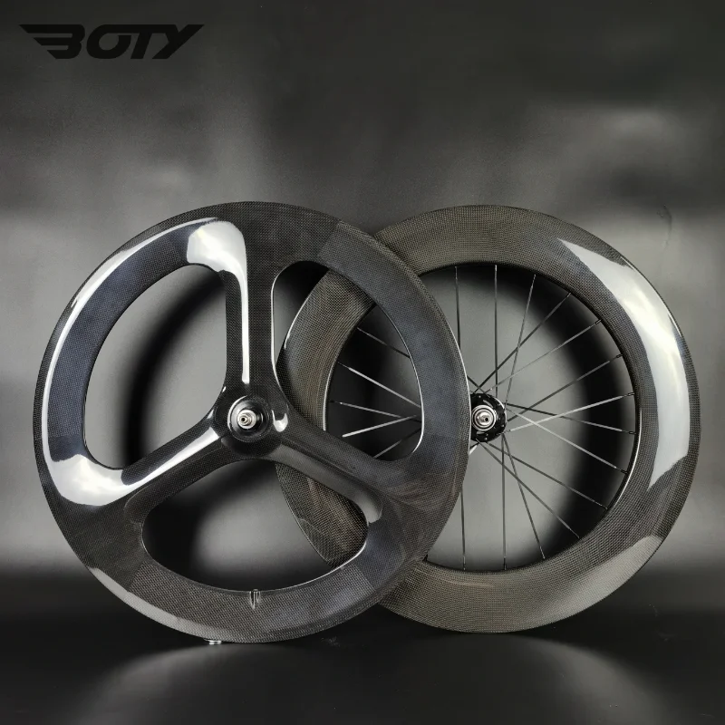 

700C Full Carbon Wheels Front 3-spokes Rear 88mm Track Road Bike 3k Glossy Wheelset Clincher Tubular Carbon Bicycle Wheels WRXYH