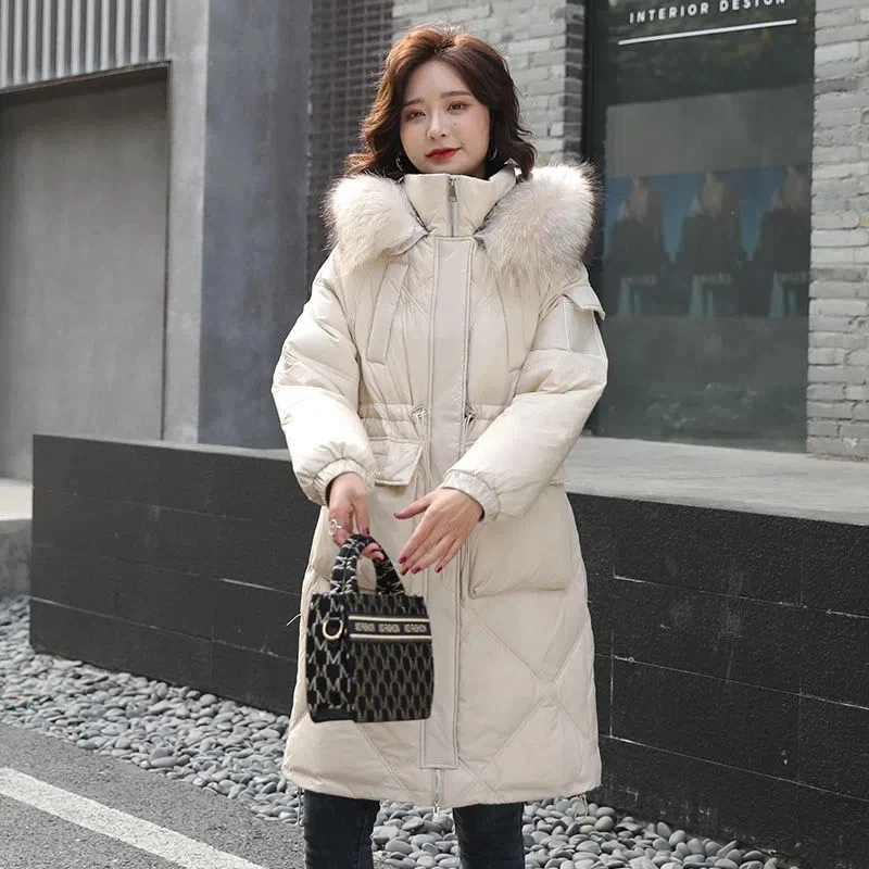 Down Jacket Women 2022 Winter New Fashion Real Raccoon Fur Collar White Duck Down Coat Female Casual Long Slim Hooded Parkas