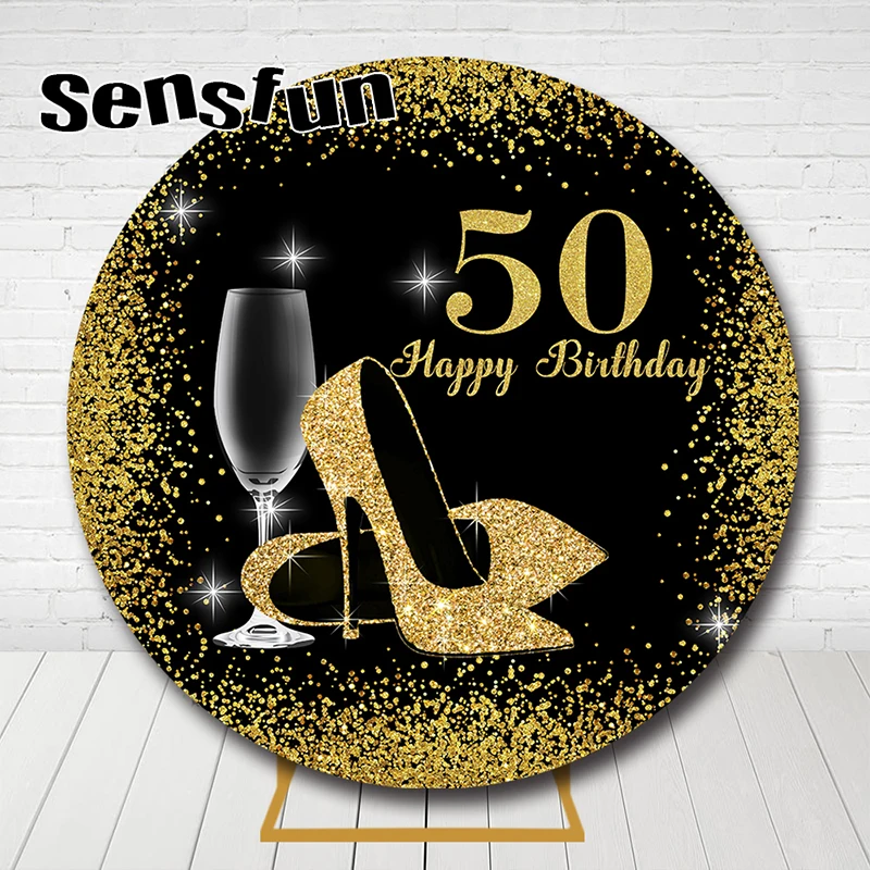 Черный золотой круглый фон для вечеринки в честь Дня Рождения взрослых виниловое