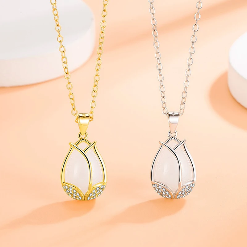 New Fashion Romantic Tulip Flower Pendant Necklaces For Women Shiny Crystal Opal Stone Water-Drop Pendant Trendy Neck Jewelry