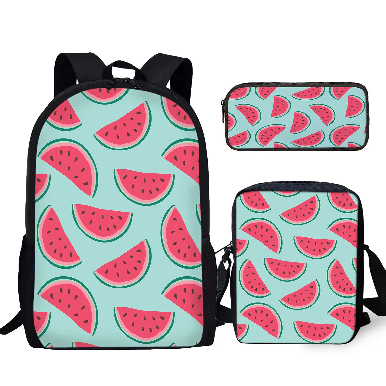 

YIKELUO Cartoon Watermelon Design Light Blue Shoulder Bag Fruit Print Student Textbook Knapsack Casual Messenger Bag With Zipper