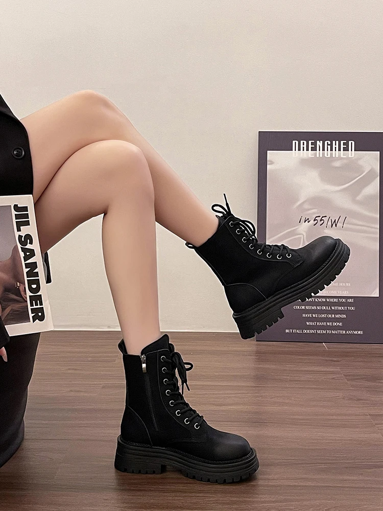 

White Ankle Boots Round Toe Lace Up Women Shoes Autumn Boots-Women Luxury Designer Low Lolita Riding Med Ladies Rock Rubber 2023
