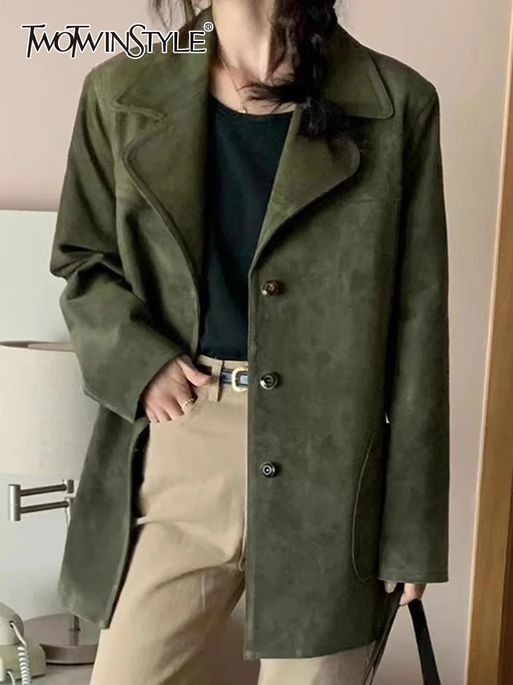 

Женский однотонный Блейзер TWOTWINSTYLE, винтажный, лоскутный, однобортный, минималистичный блейзер с английским воротником и длинными рукавами