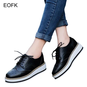 Женские туфли-оксфорды на платформе EOFK, Классические Кожаные Туфли-броги на шнуровке, на плоской подошве, весна-осень
