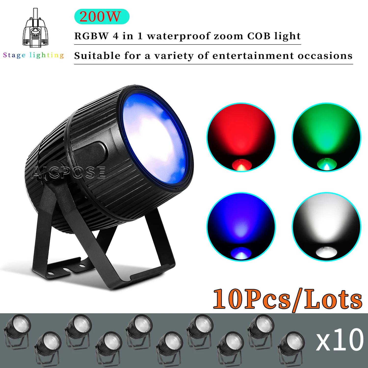 

10Pcs/Lots 200W LED Waterproof Zoom Stage Light RGBW 4in1 COB Audience Light Cool White/Warm White Spotlight DJ Disco Equipment