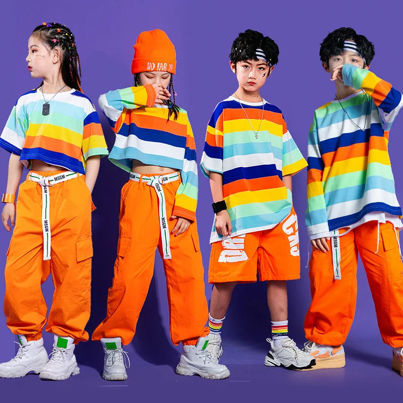 

2022 New Street Dance Outfit For Kids Hip Hop Clothes Boys Long Sleeved Plaid Top Pants Girls Jazz Performance Costumes XS3751