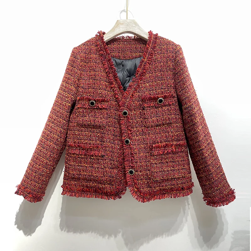 

Red Tassel Tweed Jackets Coat Women V-Neck Long Sleeve Elegant Woolen Coat with White Duck Down Thicken Cardigans D458