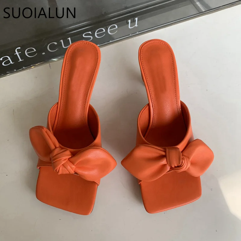 

Женские шлепанцы с бантом, летние сандалии без застежек на тонком высоком каблуке, уличные классические туфли-лодочки, новинка 2023