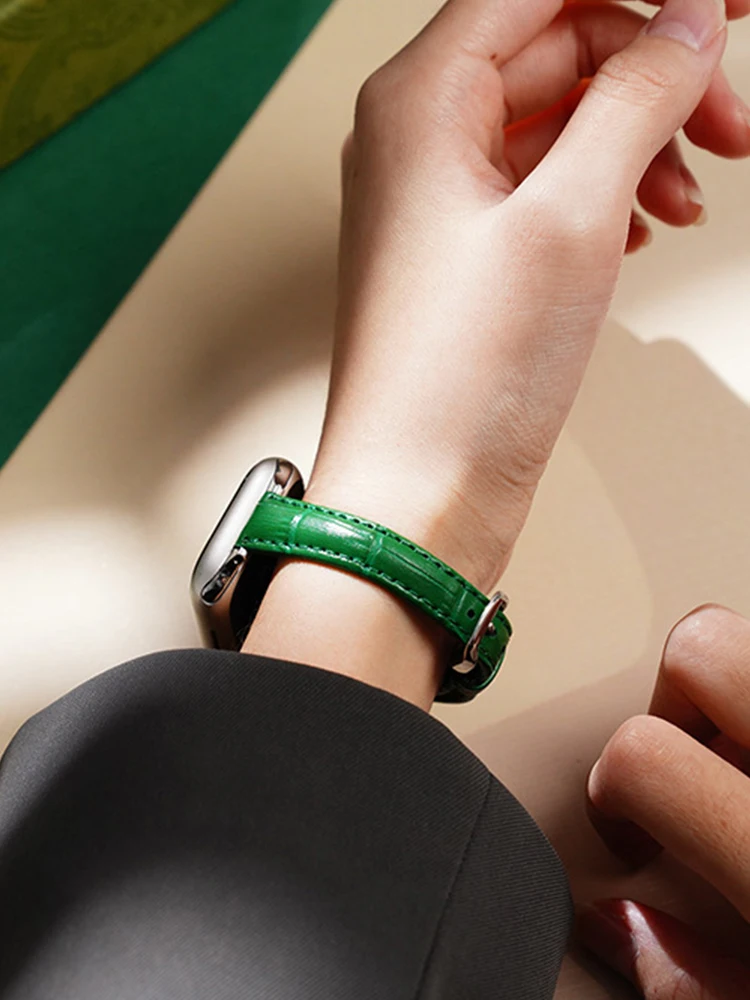 Slim Vintage Leather Band For Apple Watch 8 7 41mm 45mm Retro Green Genuine leather Wristband For Iwatch Series Ultra 6 5 4 se