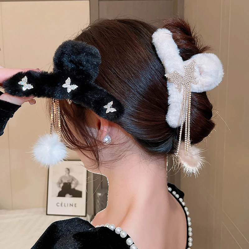 

Shiny Rhinestone Butterfly Tassel Ball Hair Claws Korean Style Winter Versatile Jewelry Accessories New in Bridesmaid Gifts