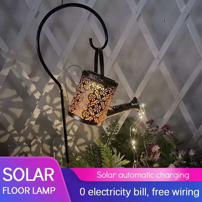 

Solar Watering Can Lamp Garden Art Ornament Light Hollow-out Iron Shower LED Lights Waterproof String Garden Decorations
