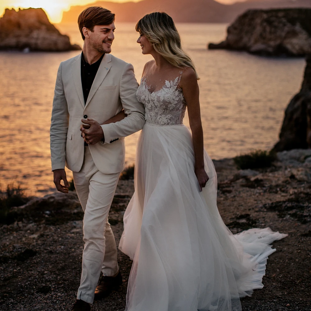 

Boho Wedding Dress O-Neck Zipper Back Lace Applique Vestido De Noiva 2022 Boda Elegant Tulle A-Line Sweep Train Bride Gowns