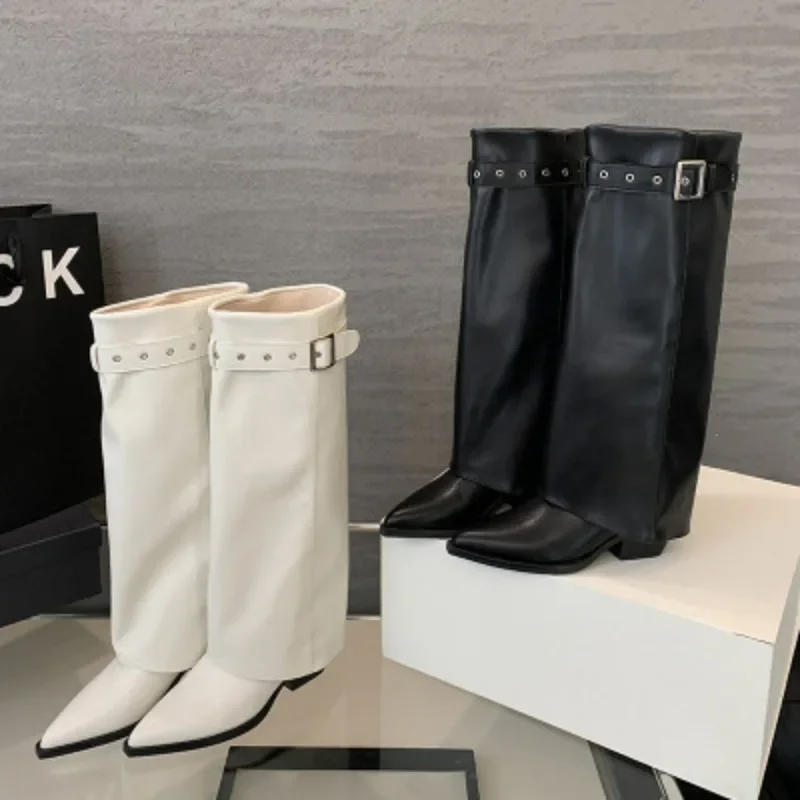 Мягкие брюки из натуральной кожи с разрезом женские сапоги до колена рыцарская