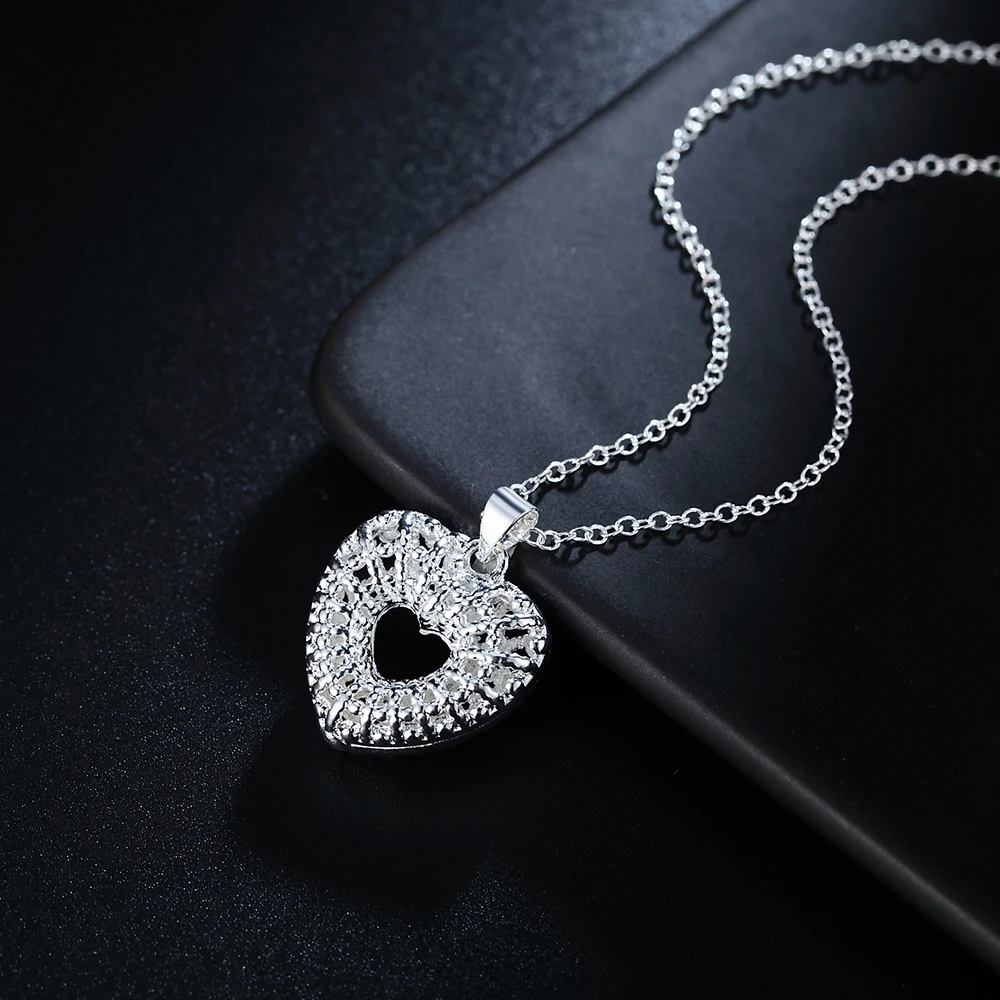 

Silver Necklace 18 inch crystal Elegant Hollow heart Pendant For Women high quality Fashion Jewelry Christmas Gift
