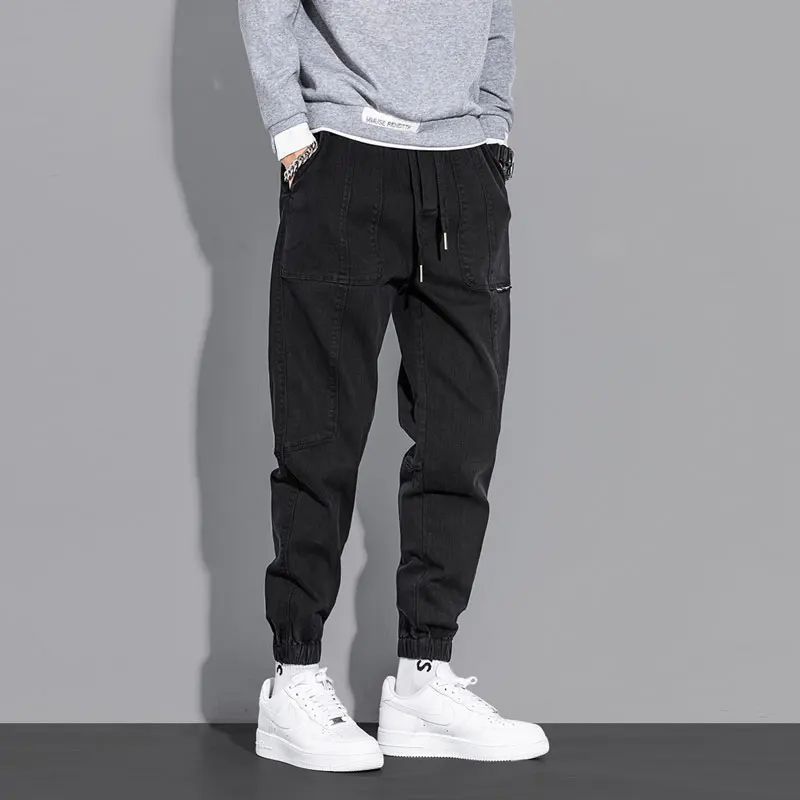 Streetwear Fashion Men Jeans Spliced Designer Black Color Stretch Casual Cargo Pants Hombre Hip Hop Joggers Men Loose Trousers