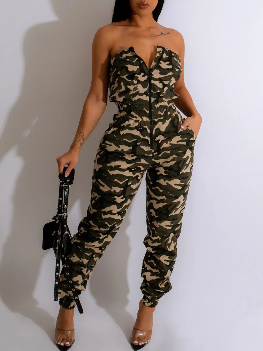 LW Zipper Design Camo Print Cargo Jumpsuit Sexy Sleeveless Women Camouflage Printed Jumpsuits 2023 NEW women's clothing Jumpsuit