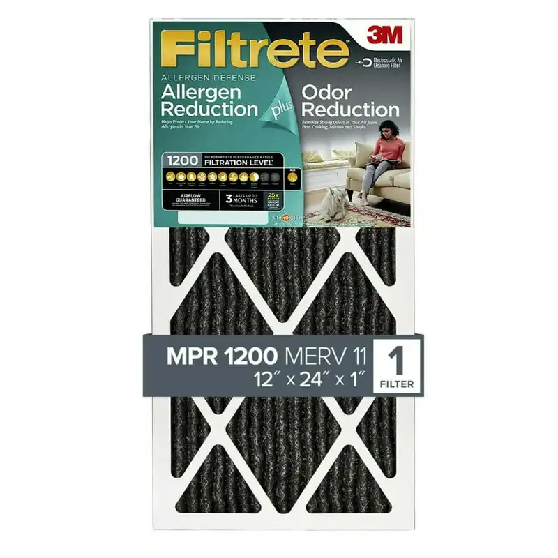 

3M, 12x24x1, MERV 11, Allergen Plus Odor Reduction HVAC Furnace Air Filter, Captures Pet Dander, Pollen and Traps Odors, 1200 MP