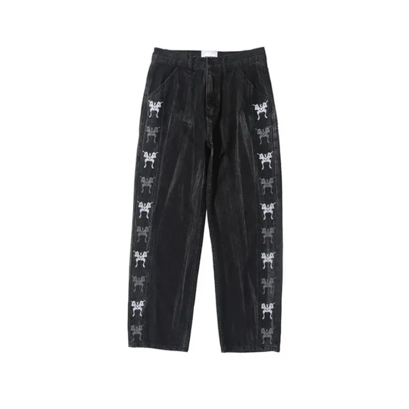 DEEPTOWN Embroidered Distressed Jeans Men Hip Hop Streetwear Denim Pants Loose Casual Straight Trousers Male Designer Fashion