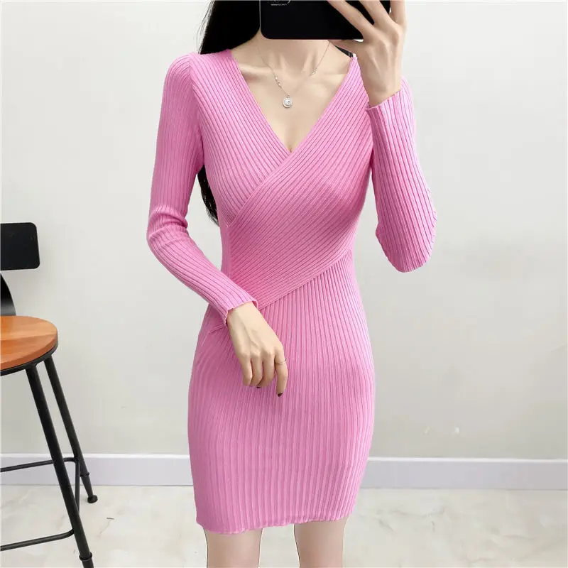 

Woman Elegant V-neck Thicken Sweater Dress Female Autumn Knitted A-line Soft Dresses Ladies Solid Color Party Club Vestidos G10