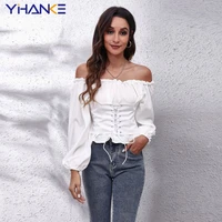 fashion women lace up corset tops long sleeve solid off shoulder party casual top t shirt sexy casual ladies blouses