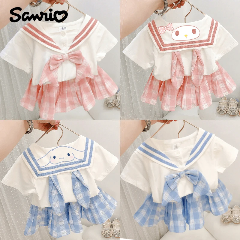 Sanrios Cinnamoroll My Melody Anime Kawaii Kids Bow Jk Set Girls Grid Bow Tie T-Shirt Pleated Skirt Suit Children's Costumes New