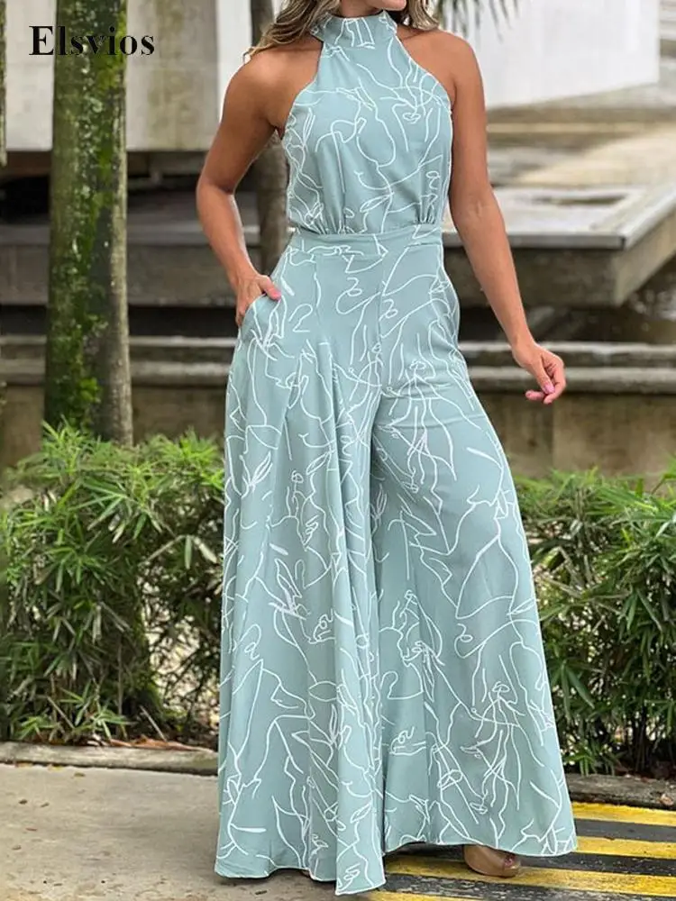 

Women Sexy Tie Halter Jumpsuit Lady Fashion Sleeveless Off Shoulder Romper Playsuit Casual Elegant Pocket Wide Leg Pant Overalls