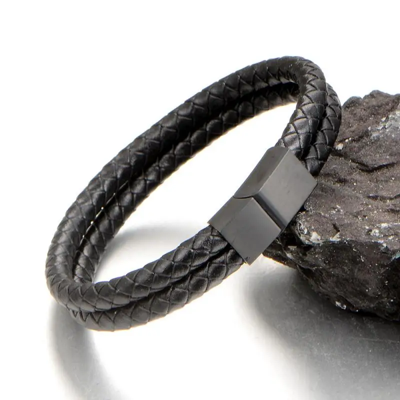 Модный повседневный кожаный плетеный браслет двойной черный Простой с магнитной