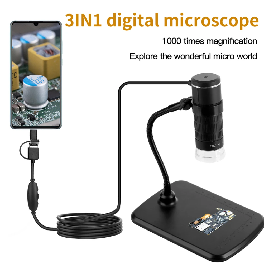 

3-in-1 Wireless Digital Microscope For Phone Detection 1000X Portable Mini USB Microscope HD Camera With LED Light And Pad