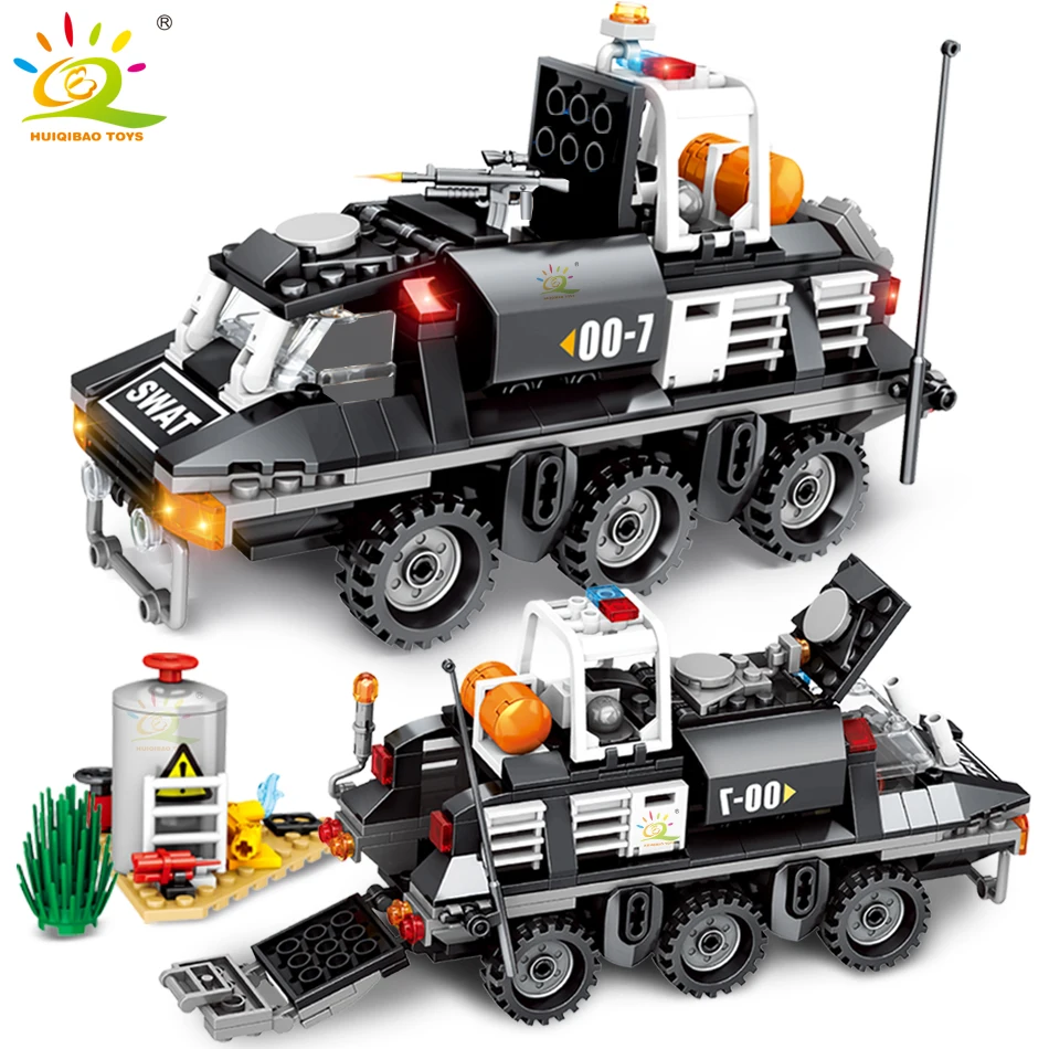 

HUIQIBAO 368pcs Special Forces SWAT Police Truck Building Block with 4 man Bricks City Weapon Car Construction Toys for Children
