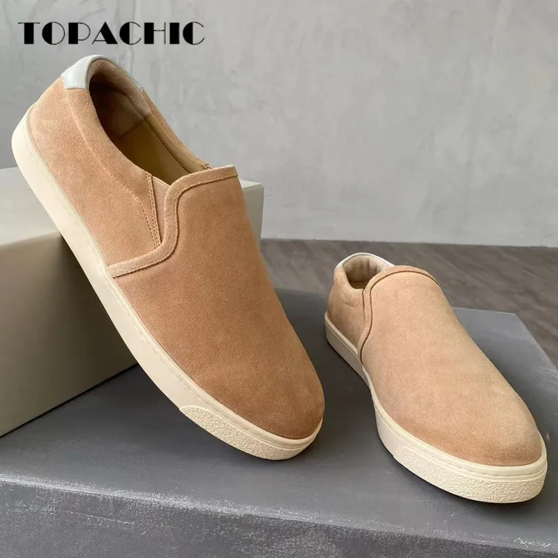 

9.12 TOPACHIC Men Fashion Cow Suede Fisherman Sneakers Shallow Contrast Color Flat Round Toe Genuine Leather Casual Shoes