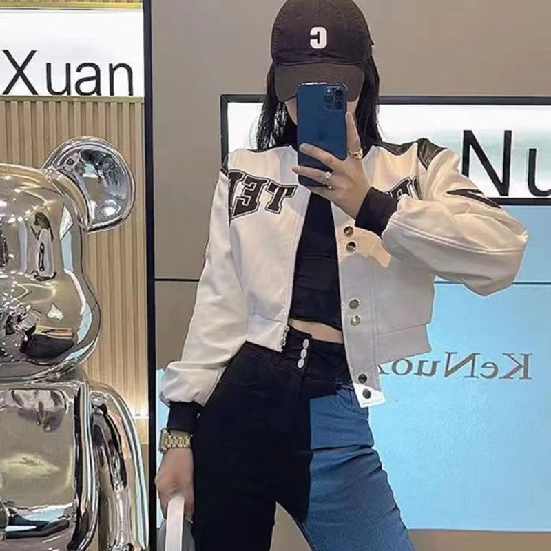 

Woman Faux Leather Jacket White Slim Short Zipper Biker Coats Fashion Streetwear Mujer Tops Motorcycle Bomber Jackets XC110