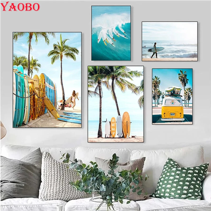 

Алмазная мозаика «сделай сам», картина для пляжа, океана, серфинга, доска для серфинга, вышивка крестиком, полная выкладка квадратными страз...