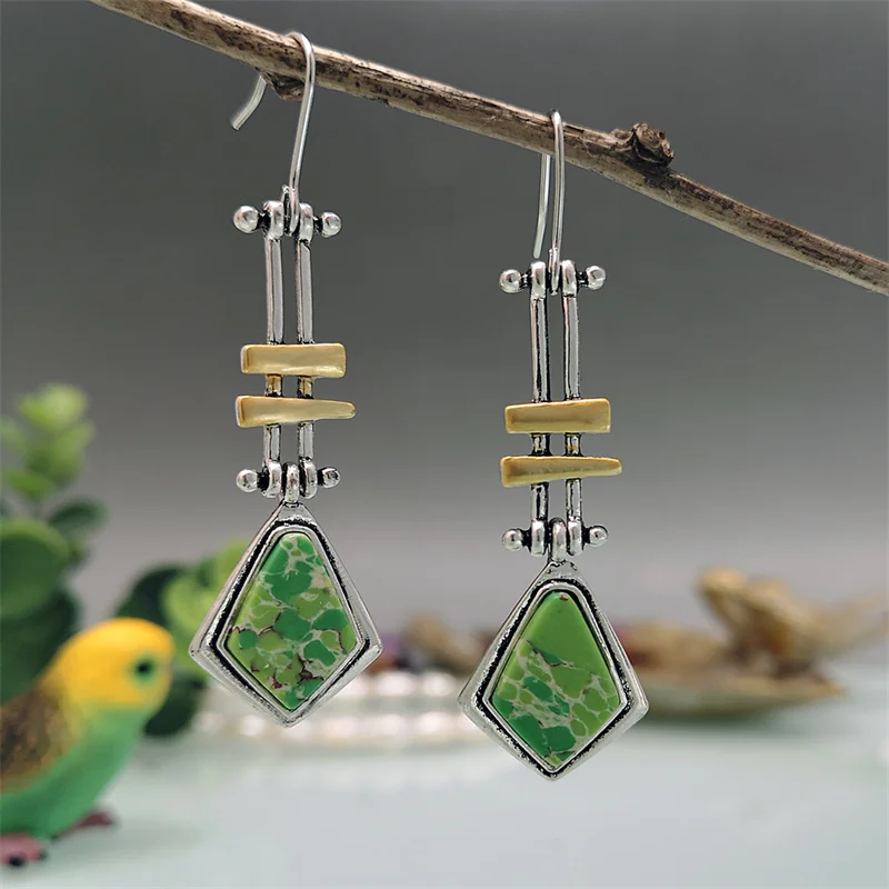 

Bohemia Creative Wrigley Mechanical Swing Arm Long Earrings Inlaid Turquoise Dangle Earrings For Women Vintage Wedding Jewelry