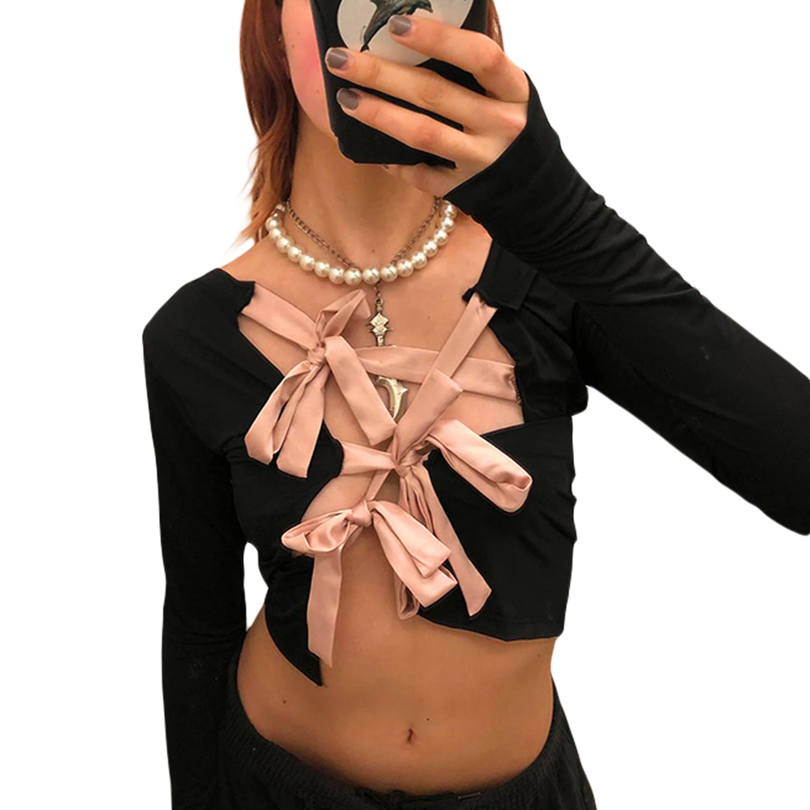 

Women Long Sleeve Crop Tops Summer Cut Out Bowknot Slim Fit Shirt Trendy Contrast Color Tee Multiple Threading Methods