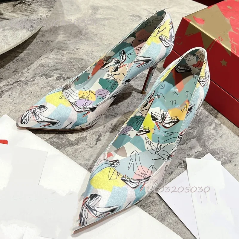 Женские разноцветные атласные туфли-лодочки с граффити серые белые шелковые