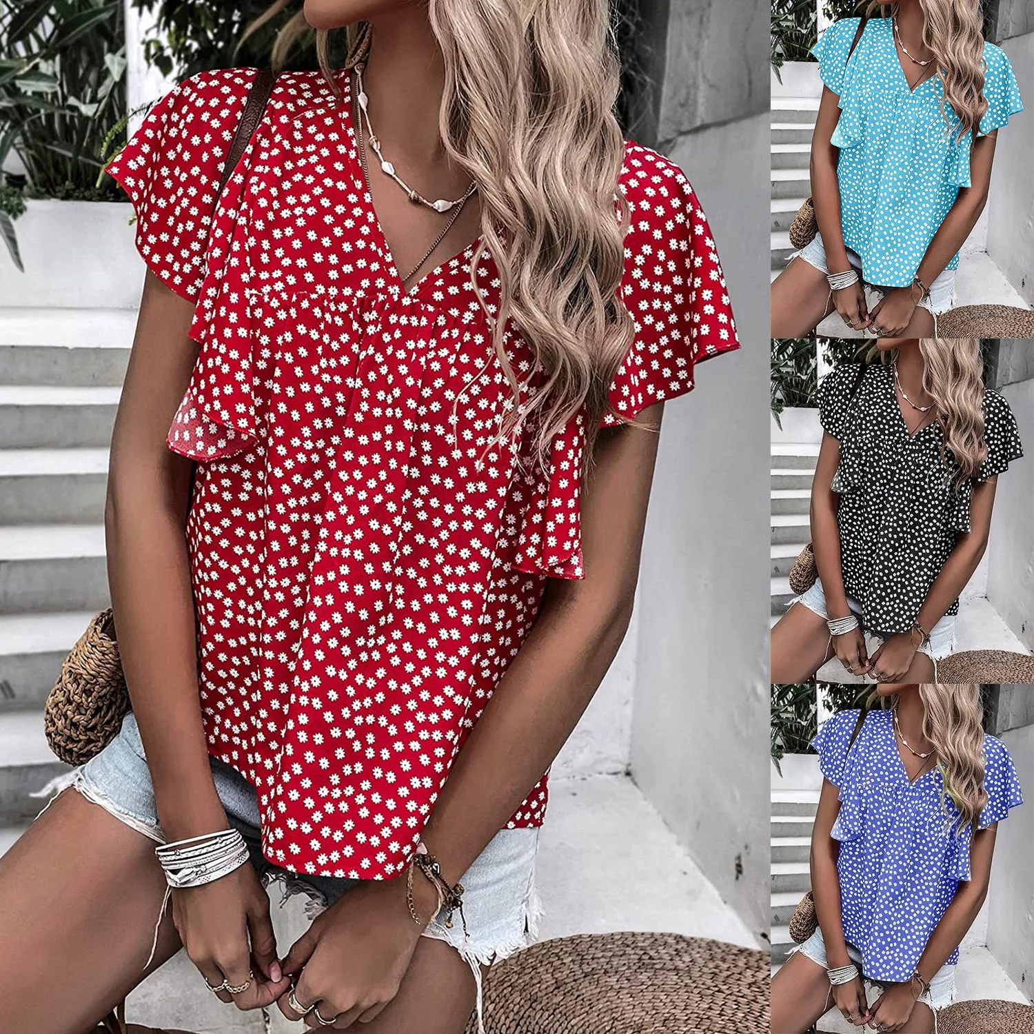 Summer Women's Bohemian Shirt Floral V Neck Loose Casual Top Short Sleeve Ruffle Sleeve T-Shirt Bluzas Femeninas Elegantes
