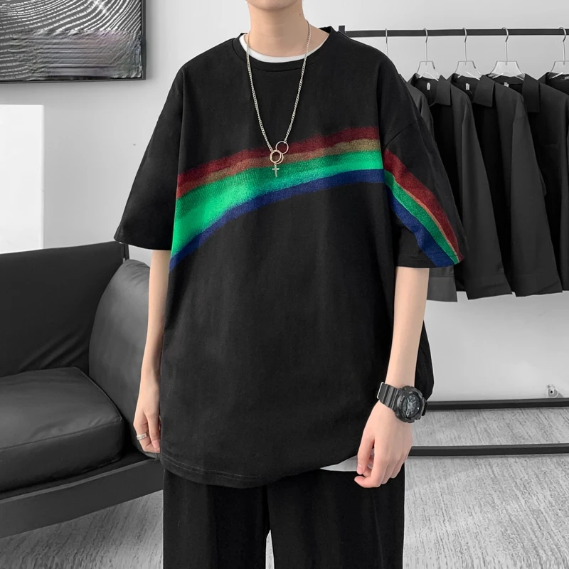 

Korean Style Loose Rainbow Print Oversized T-Shirt Kpop Hip Hop Couples Top Men Clothing Harajuku Short Sleeve Streetwear