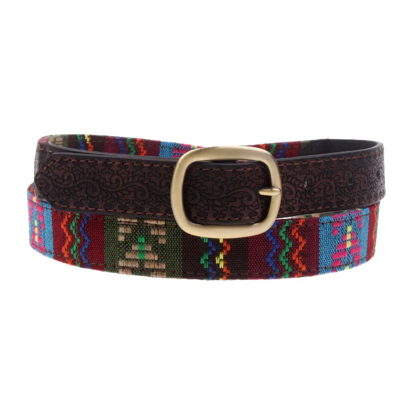 Fashion Ethnic Style Carved Floral Belt for Women Colorful Embroidery PU Leather Vintage Accessories Designer Brand Belt