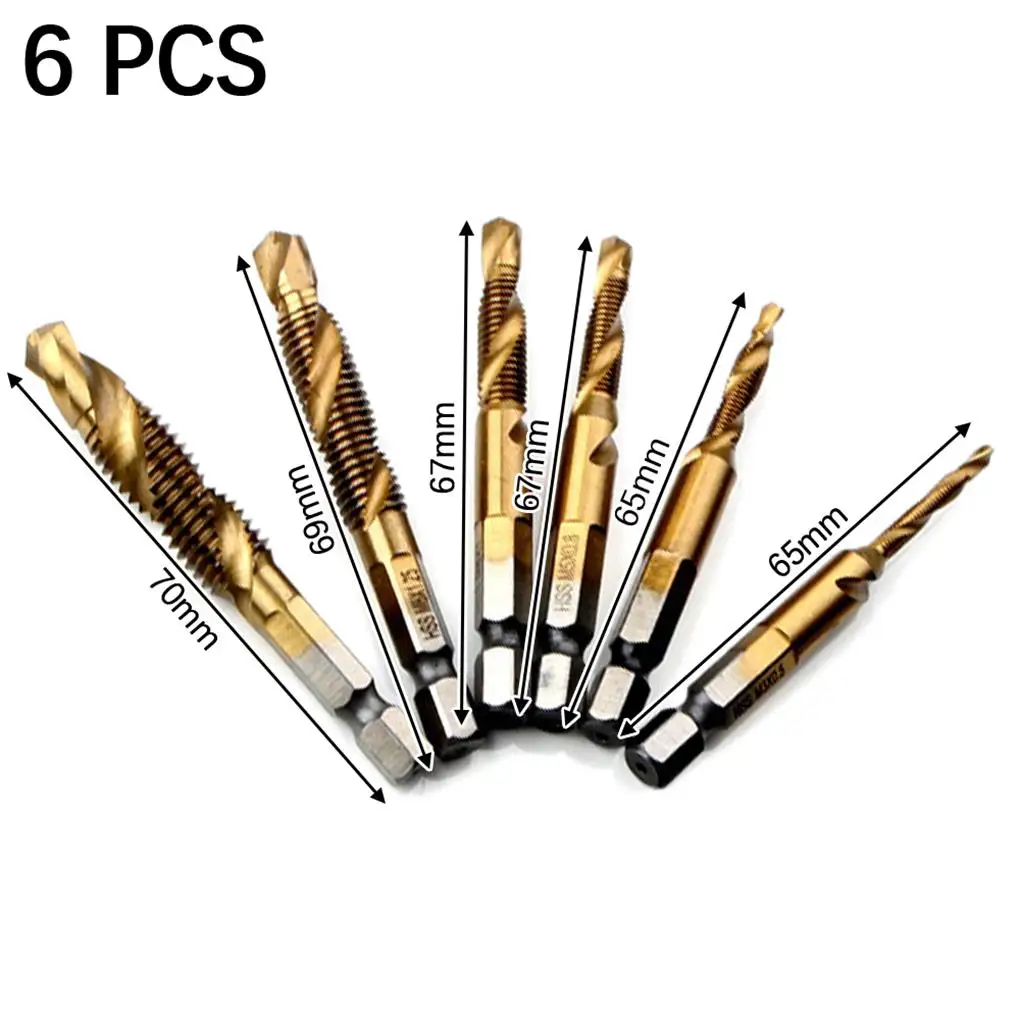 

6pcs Hex Shank Screw Thread Metric Tap Drill Titanium Plated HSS Bits Screw Machine Compound Tap M3 M4 M5 M6 M8 M10 Hand Tools
