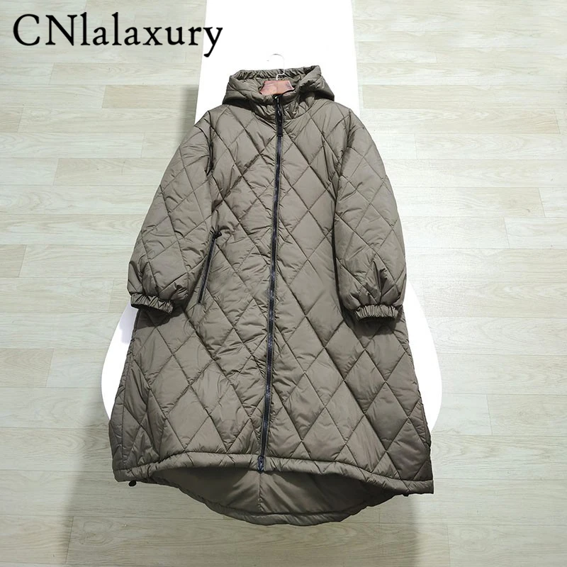 

CNlalaxury Autumn Winter Woman Casual Loose Long Sleeve Hooded Jacket Warmth Rhombus Cotton Clothing Zipper Pocket Jackets