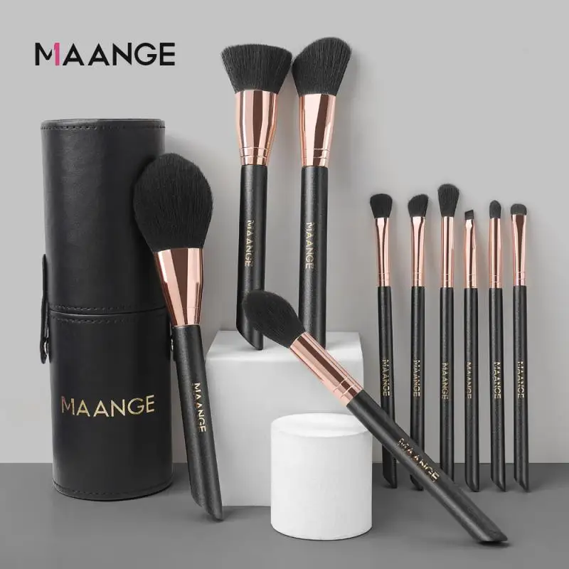 

New MAANGE/set Wooden Handle Makeup Brush Set Eyeshadow Brush Blush Loose Powder Brush With Brush Bucket Beauty Tool Black