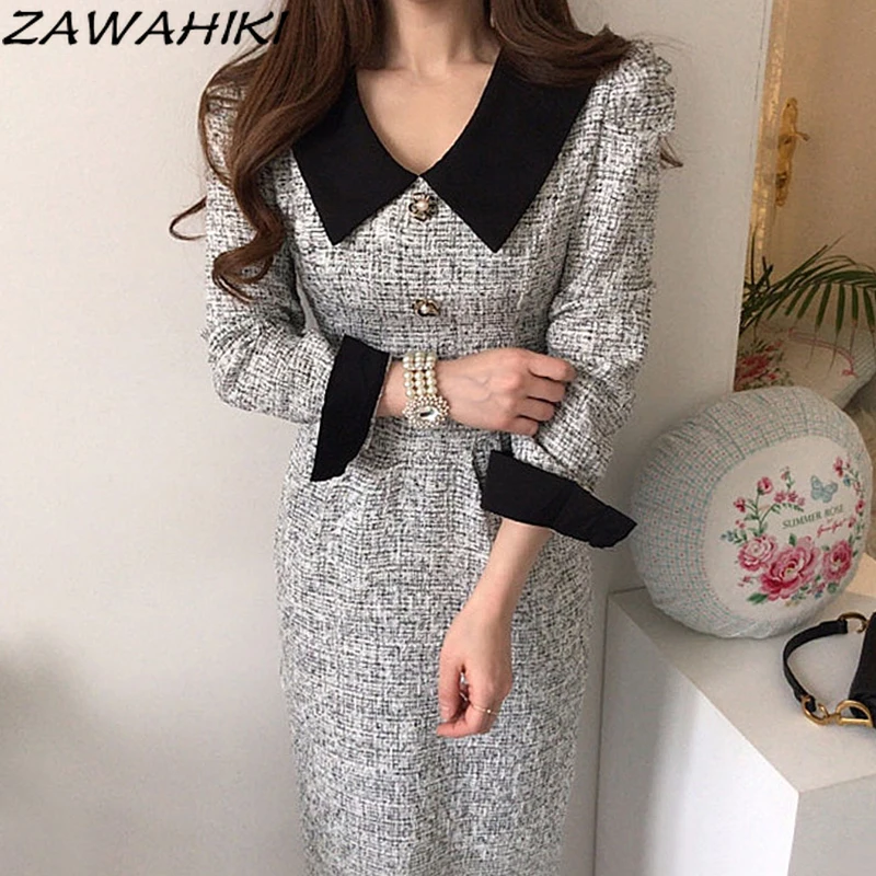 

ZAWAHIKI Long Sleeve Femme Robe Plaid 2022 Fashion Korean Dresses High Waist Women Clothing Slim Elegant Ropa Mujer New Dress