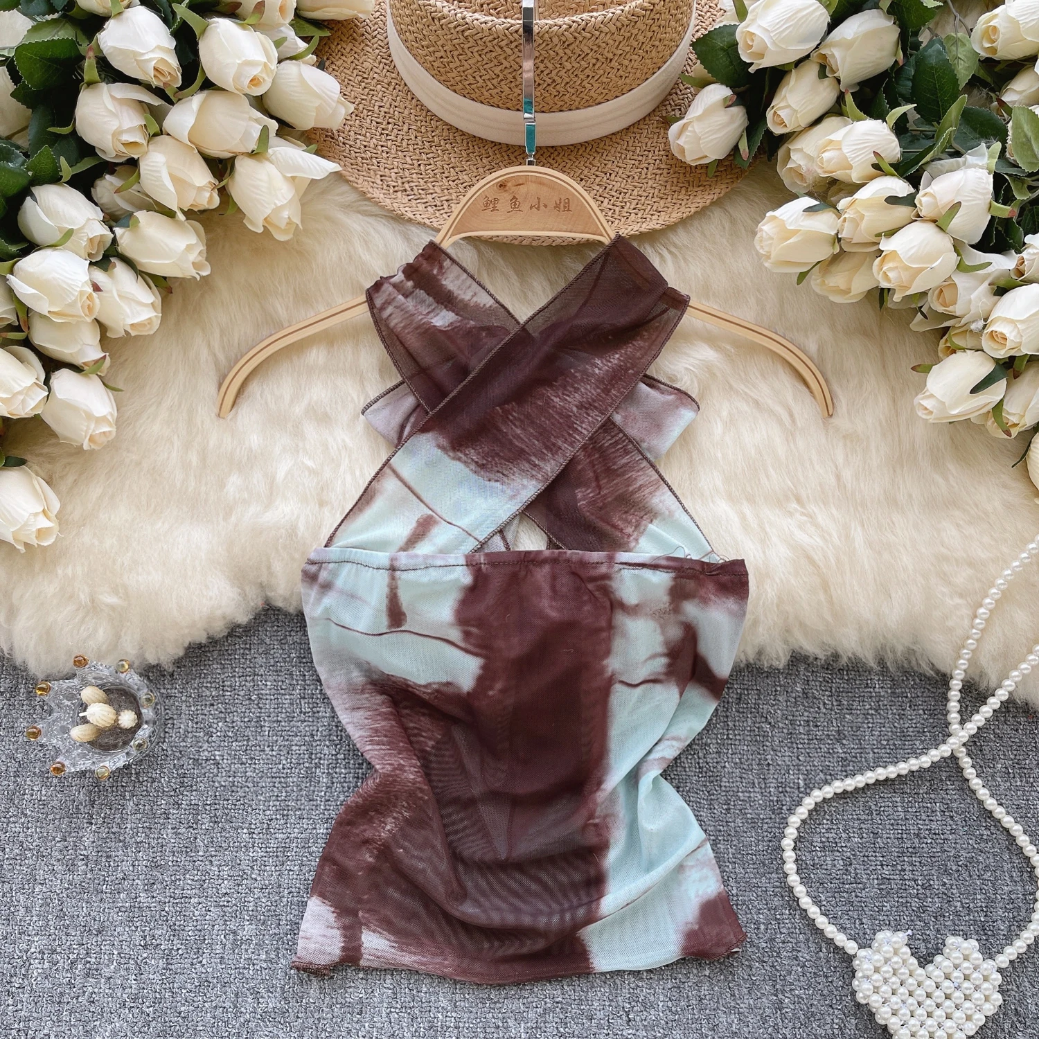 

Summer Elegant Tank Tops for Women Tie Dye Cross Strap Female Mesh Top Casual Y2K Daily Woman Clothing Elegant New In 2023
