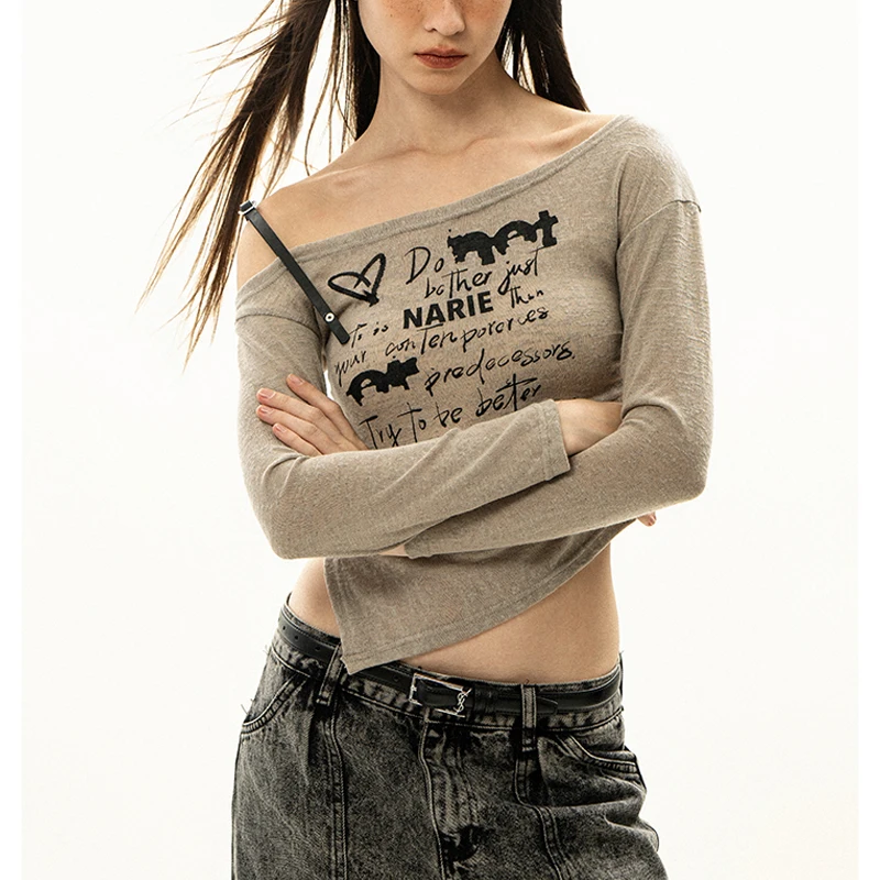 Футболки женские тонкие с буквенным принтом длинным рукавом винтажные открытыми