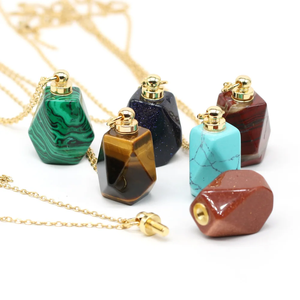 

Perfume Bottle Multi-Kind Natural Stone Pendant Essential Oil Bottles Natural Lapis Lazulis Rose Quartzs Women Necklace Gift