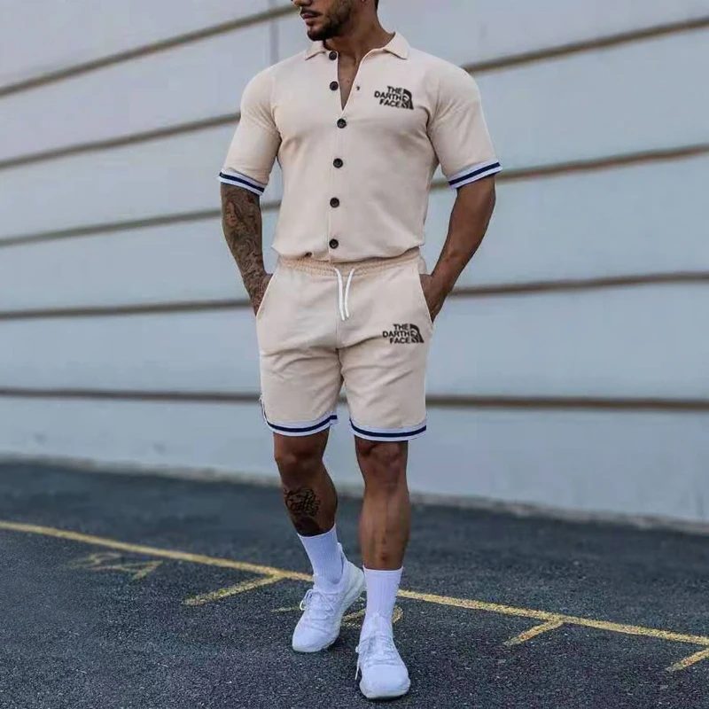 

Summer men's solid color lapel button short -sleeved shorts sports cardigan set men's fashion casual brand 2 sets