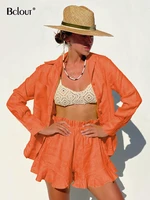 bclout linen shorts suit women summer long sleeve shirts orange elastic waist ruffle shorts sets 2 pieces woman outfits vacation