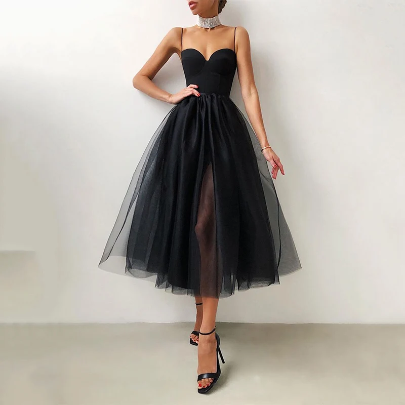 

Black Spaghetti Strap Sweetheart Neck Sheer Mesh Wedding Party Dress Elegant Women Plus Size High Waist A-line Midi Cami Dresses