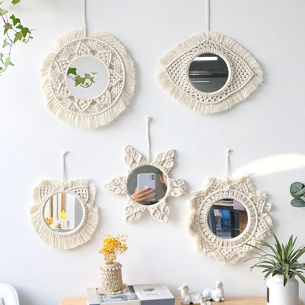

Round Decorative Macrame Wall Mirrors Boho Wall Hanging Decor Tapestry Pendant for Bedroom Ornament Home Decoration Accessories