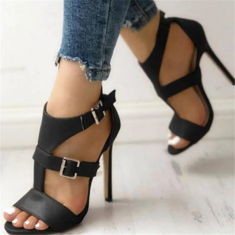 

Women Sandals Summer Gladiator Fine High Heels Leather Peep Toes Ankle Buckle Strap Party Shoes Black Brown Sandalia Mujer